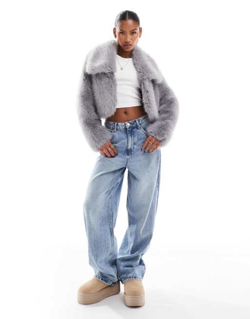 Simmi cropped faux fur oversized collar jacket in gray | ASOS