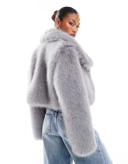 Simmi cropped faux fur oversized collar jacket in gray | ASOS