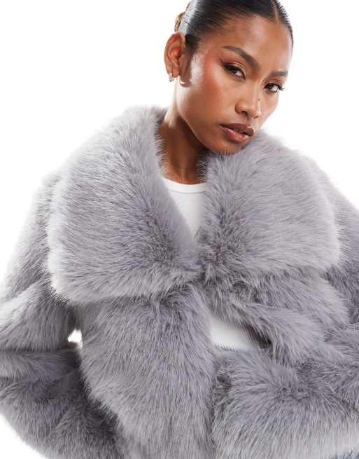 Simmi cropped faux fur oversized collar jacket in grey ASOS