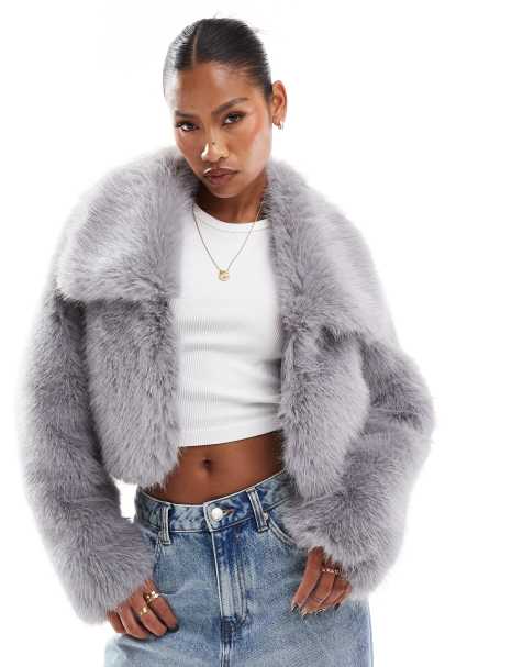 SIMMI - Cropped grå jakke med oversized krave i imiteret pels - view 1