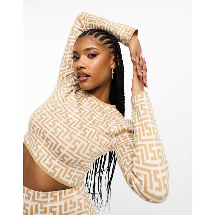 Simmi cropped jumper co ord in beige geo print ASOS