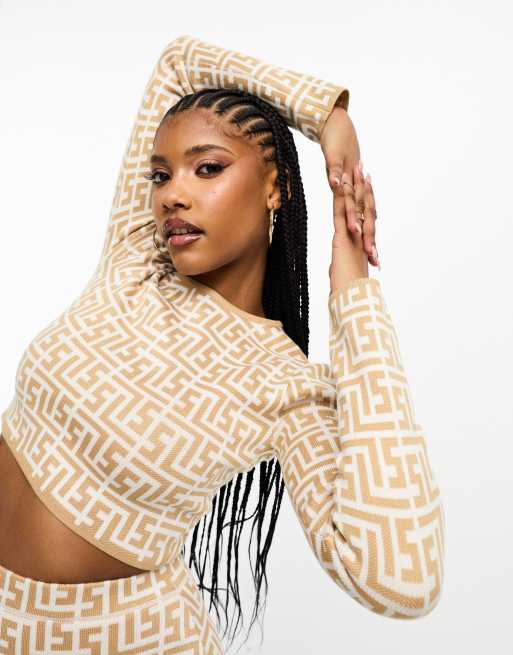 Simmi cropped jumper in beige geo print (part of a set)
