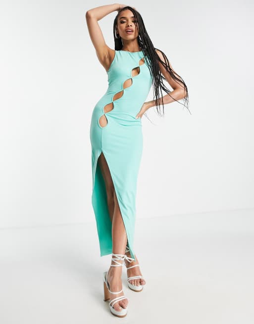 Simmi cut out detail asymmetric thigh slit maxi dress in turquoise