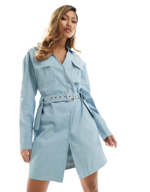 Simmi denim belted utility dress with detachable pockets in light blue, 2 of 4