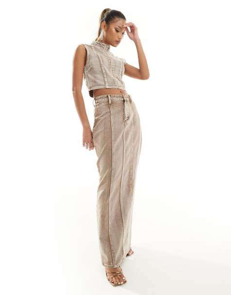 Simmi denim column maxi skirt in light wash sand - part of a set - view 1