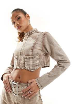 Simmi Clothing Simmi denim cropped jacket co-ord with pocket detail in light wash sand-Neutral