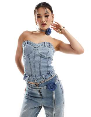 Simmi Clothing Simmi denim structured sweetheart neck corset top with corsage choker co-ord in light wash blue