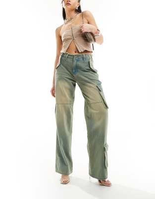 Simmi denim wide leg cargo jeans with raw hem in sand blast wash