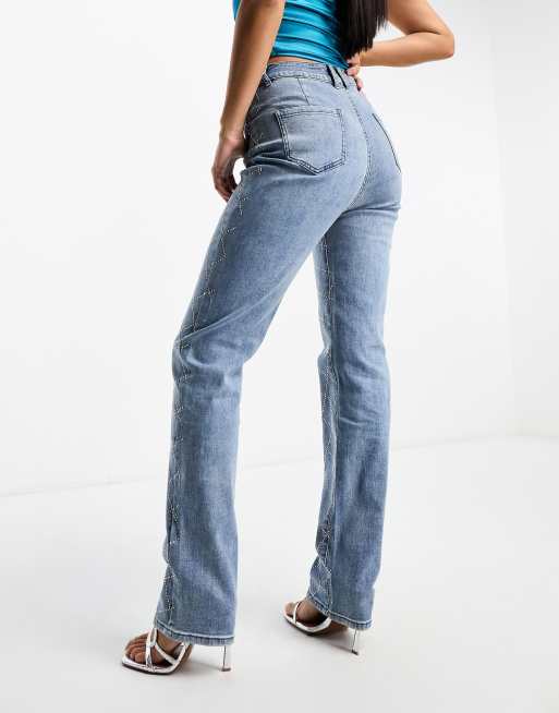 Simmi diamante denim straight leg jeans in blue, 3 of 4