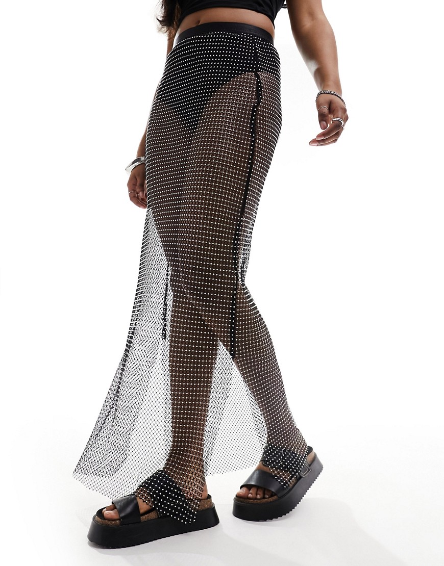 Simmi diamante mesh maxi beach skirt in black