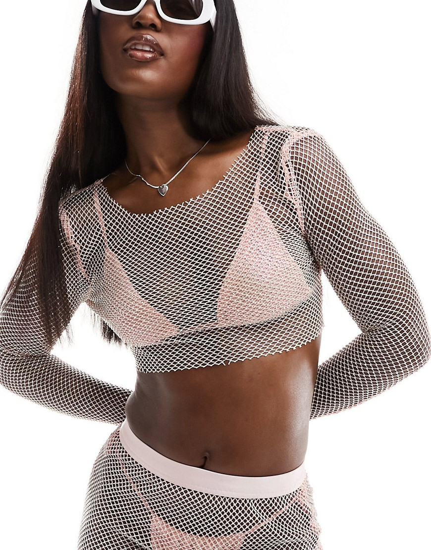 Simmi diamante netting long sleeve crop top co-ord in baby pink