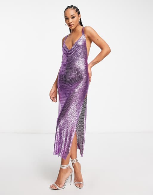 Simmi embellished chainmail cowl front maxi dress in purple | ASOS