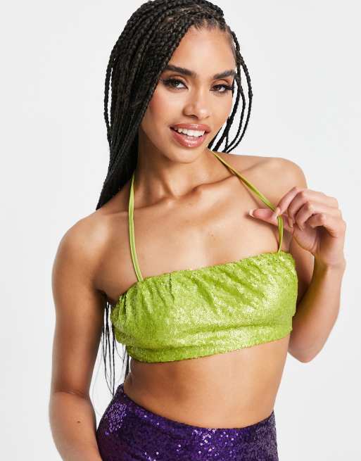 Green Sequin Micro Bandeau Crop Top