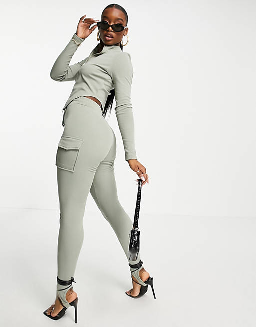 Simmi exclusive drawstring straight leg cargo jogger with stirrup detail in sage