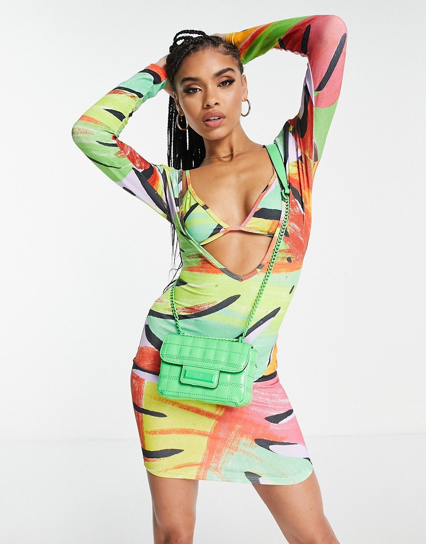 Simmi Clothing Simmi Extreme Plunge Bra Detail Mini Dress In Rainbow Zebra Print-multi