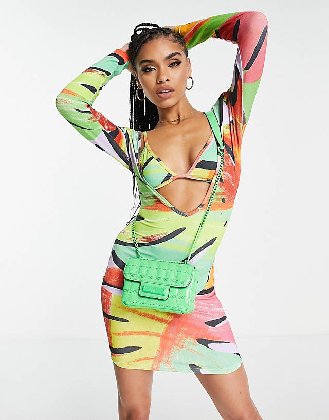 Simmi extreme plunge bra detail mini dress in rainbow zebra print