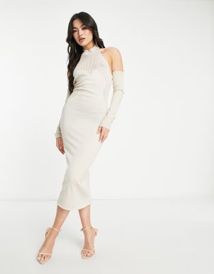 Simmi - Figurformendes Midikleid in Creme mit Neckholder und Ärmelstulpen-Weiß