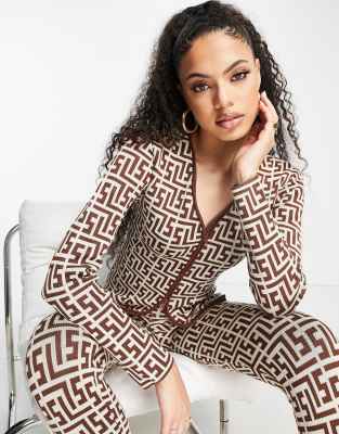 Simmi Clothing Simmi fitted top co-ord in brown geo print-Multi