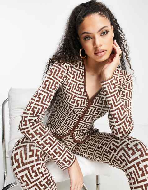 Simmi fitted top co-ord in brown geo print - view 1