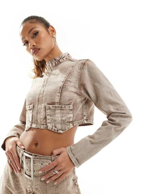 SIMMI - Giacca di jeans corta lavaggio sabbia chiaro con tasche in coordinato