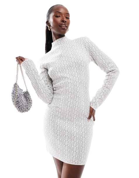 Simmi high neck knitted mini dress in grey geo print - view 1