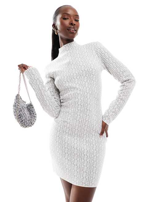 Simmi high neck knitted mini dress in grey geo print