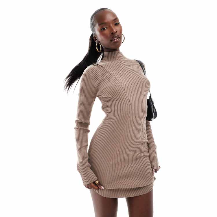 Simmi knitted asymmetric hem mini jumper dress in taupe ASOS