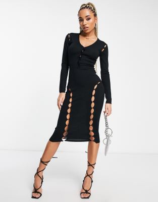 Simmi knitted cut out button detail midi dress in black