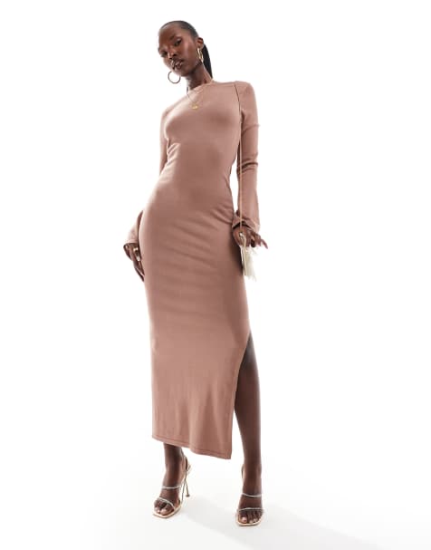 Simmi knitted flared sleeve low back maxi jumper dress in mocha - view 1