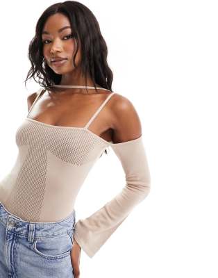 Simmi knitted pointelle bardot strappy bodysuit in beige-Neutral