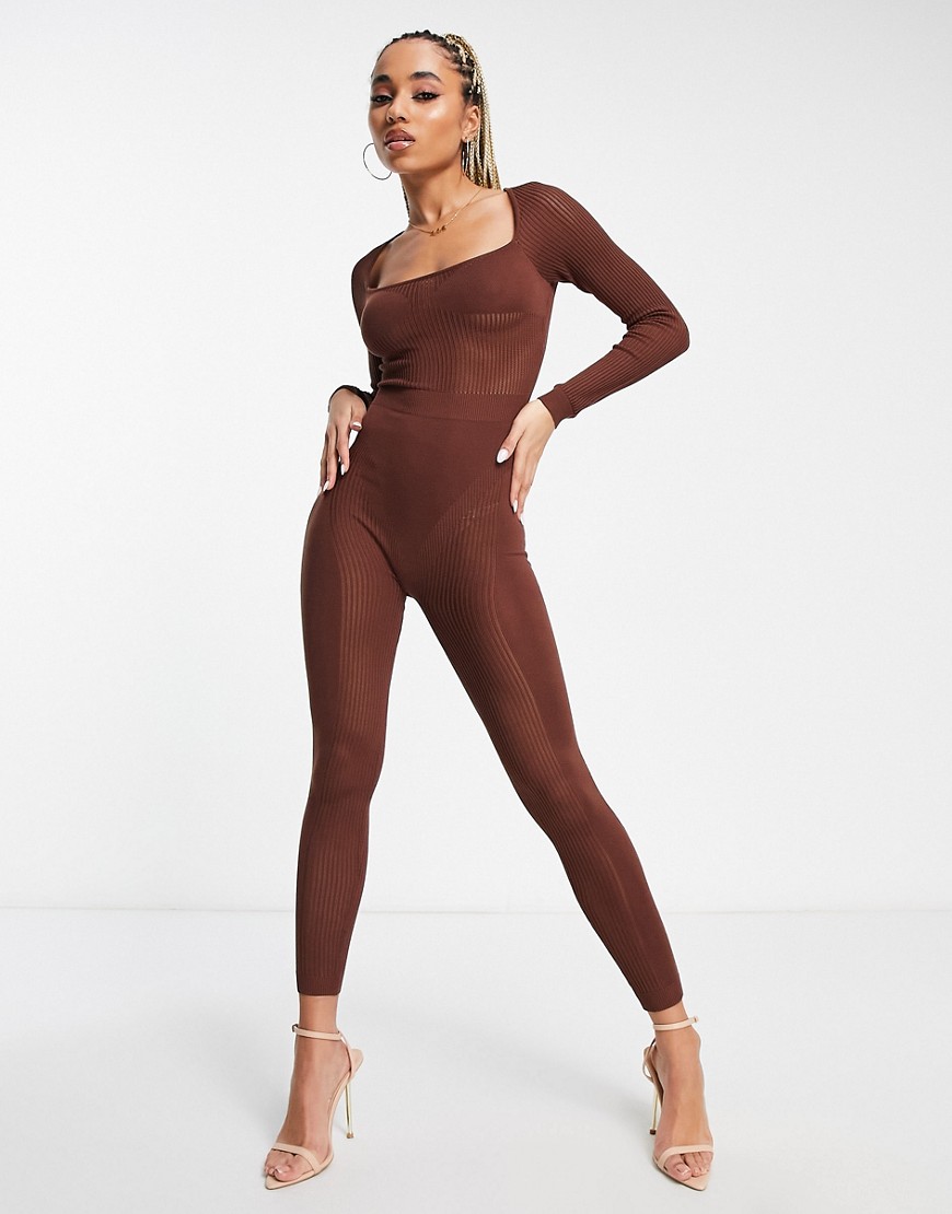 Simmi knitted ribbed contour jumpsuit in chocolate brown