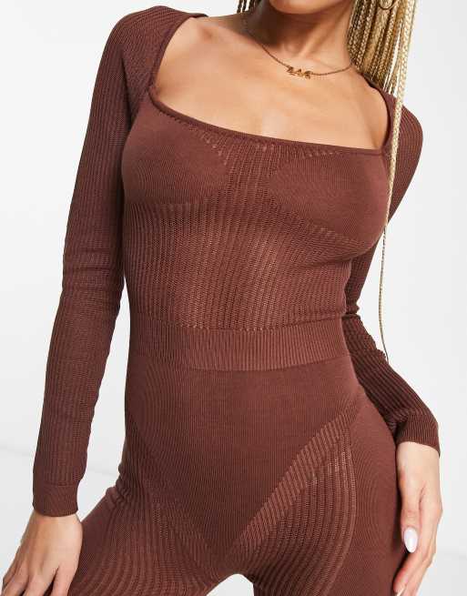 Simmi knitted ribbed contour jumpsuit in chocolate brown, 3 of 4