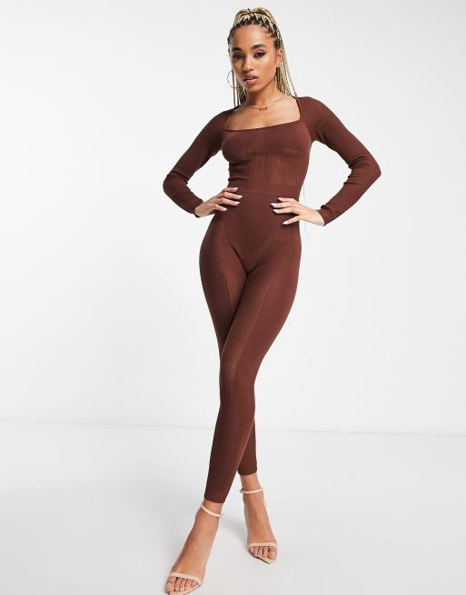 Simmi knitted ribbed contour jumpsuit in chocolate brown, 4 of 4