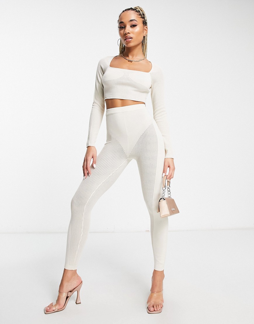 Simmi knitted ribbed high waist contour legging co-ord in stone-Neutral