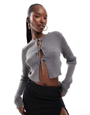 Simmi Clothing Simmi knitted tie front top in charcoal-Grey