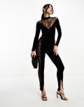 [Simmi Clothing] Simmi lace and velvet panel unitard jumpsuit in black 10 BLACK