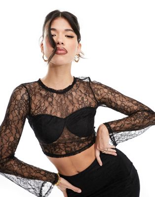 Simmi lace flared sleeve top co-ord in black
