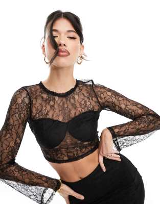 Simmi lace flared sleeve top in black (part of a set)