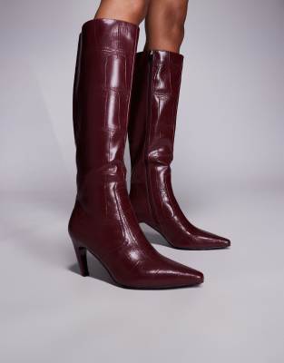 Simmi - Lapis - Kniehohe Absatz-Stiefel in Kroko-Burgunderrot