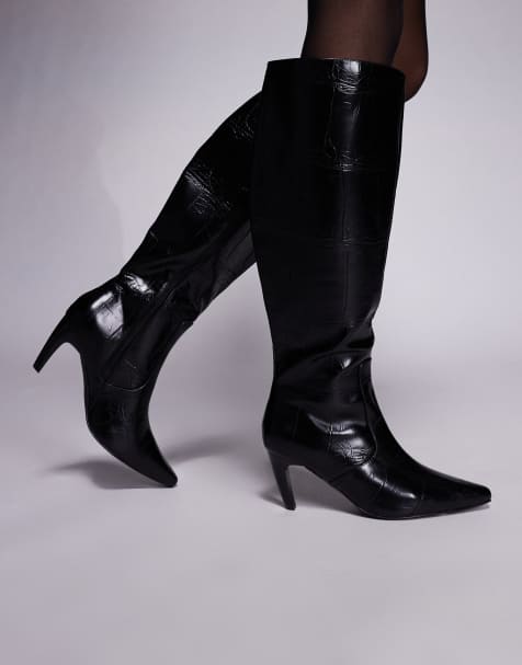 Simmi Lapis Wide Fit heeled knee boots in black croc - view 1