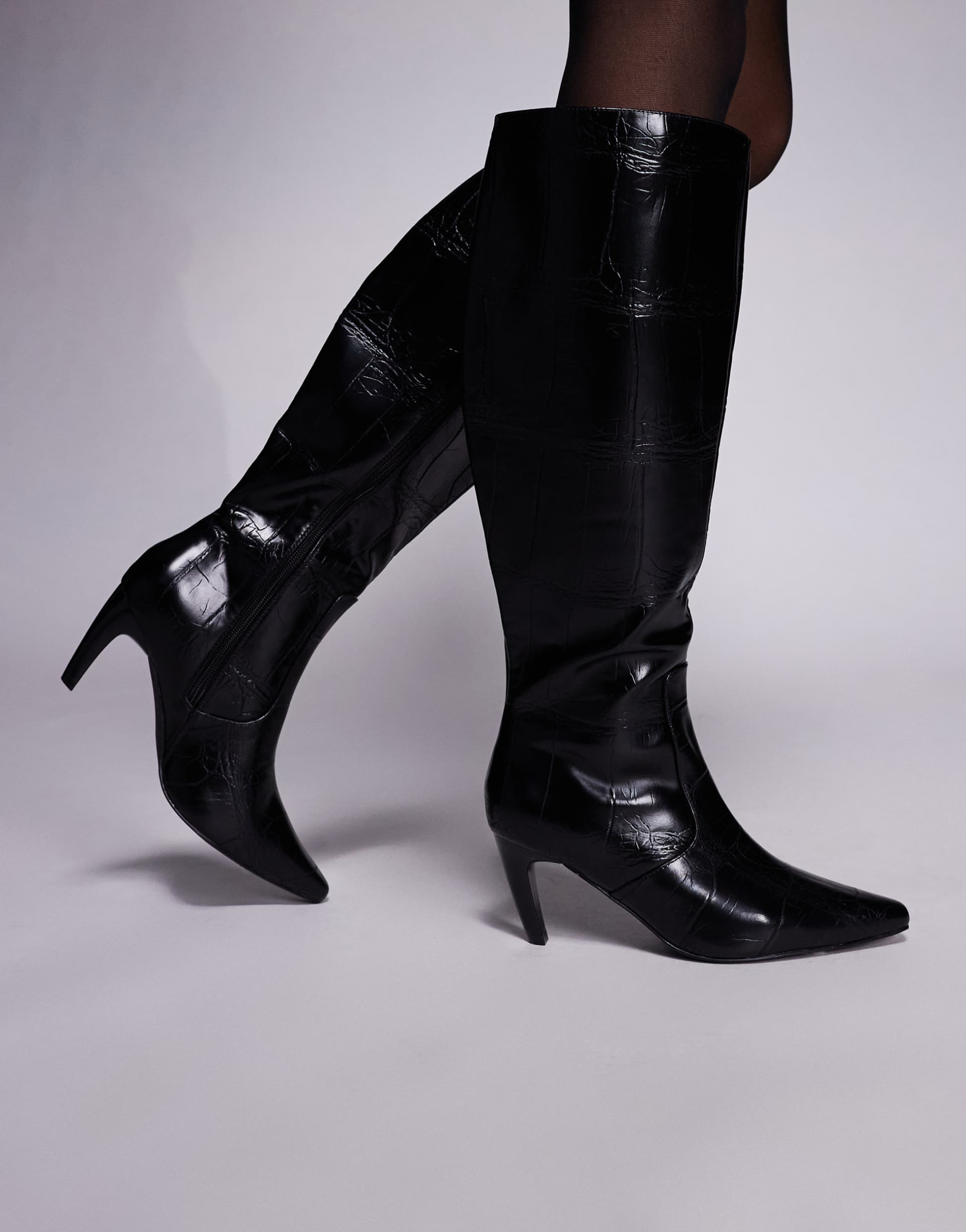 simmi lapis wide fit heeled knee boots in black croc