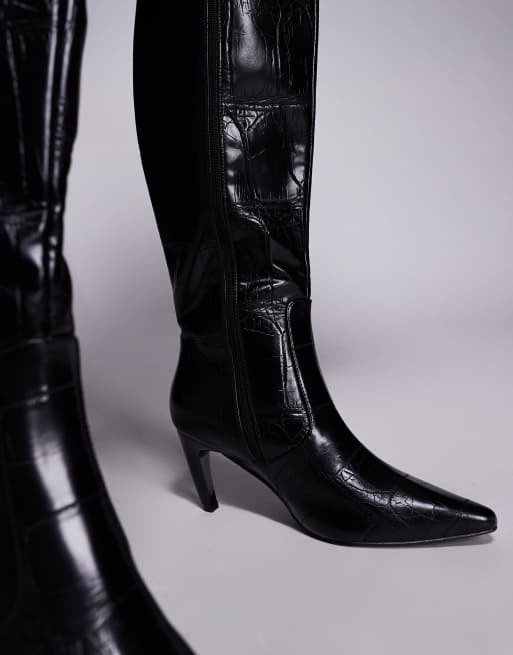 Simmi Lapis Wide Fit heeled knee boots in black croc, 2 of 4