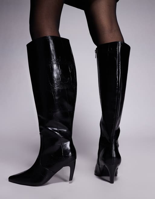 Simmi Lapis Wide Fit heeled knee boots in black croc, 3 of 4