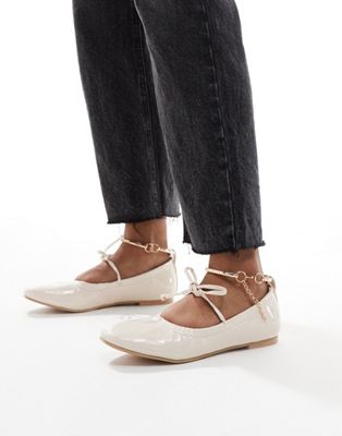 Simmi Wide Fit Simmi London Abbie Bow Ballet Flats With Ruching Detail And Removable Anklet In Cream-white