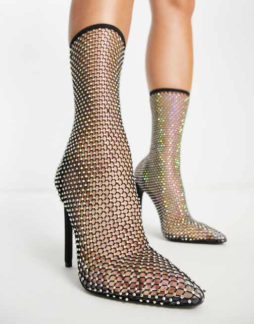 Simmi London – Absatzschuhe aus Netzstoff in Schwarz mit Schmucksteinen 