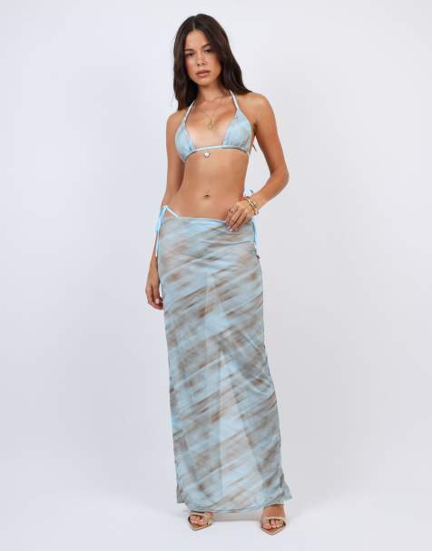 Simmi London Abstract print mesh beach maxi skirt in blue - view 1