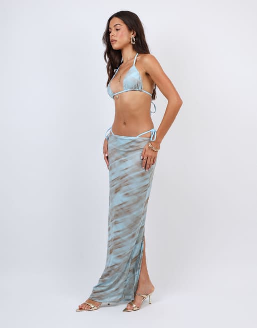 Simmi London Abstract print mesh beach maxi skirt in blue, 4 of 4