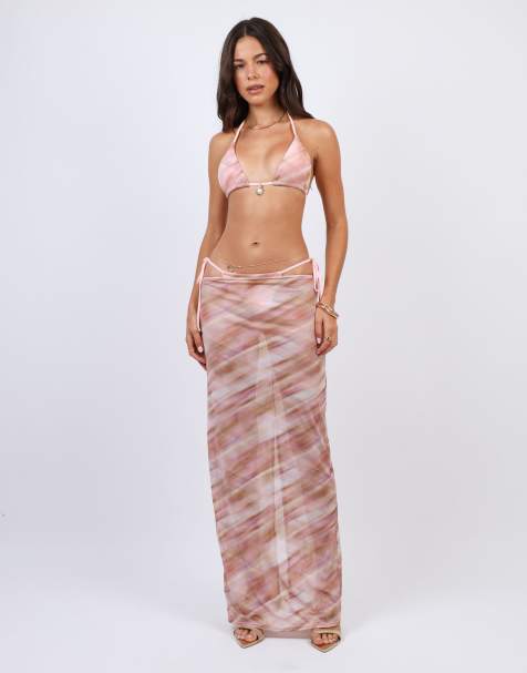 Simmi London Abstract print mesh beach maxi skirt in pink in pink - view 1