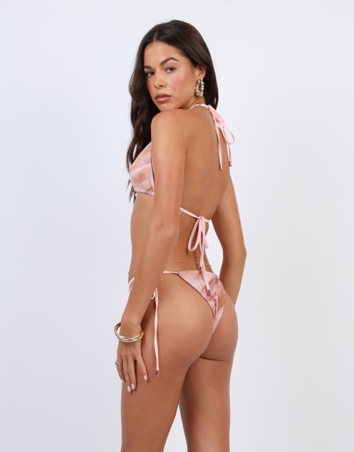 Simmi London Abstract print tie side bikini bottoms in pink, 3 of 4