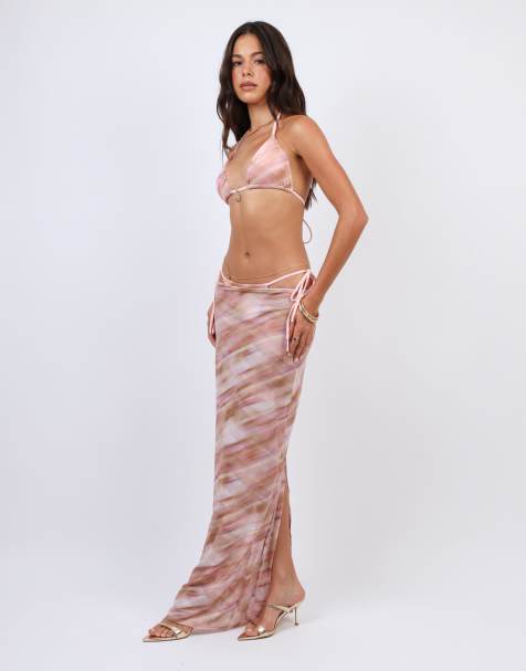 Simmi London Abstract print triangle bikini co ord in pink - view 1